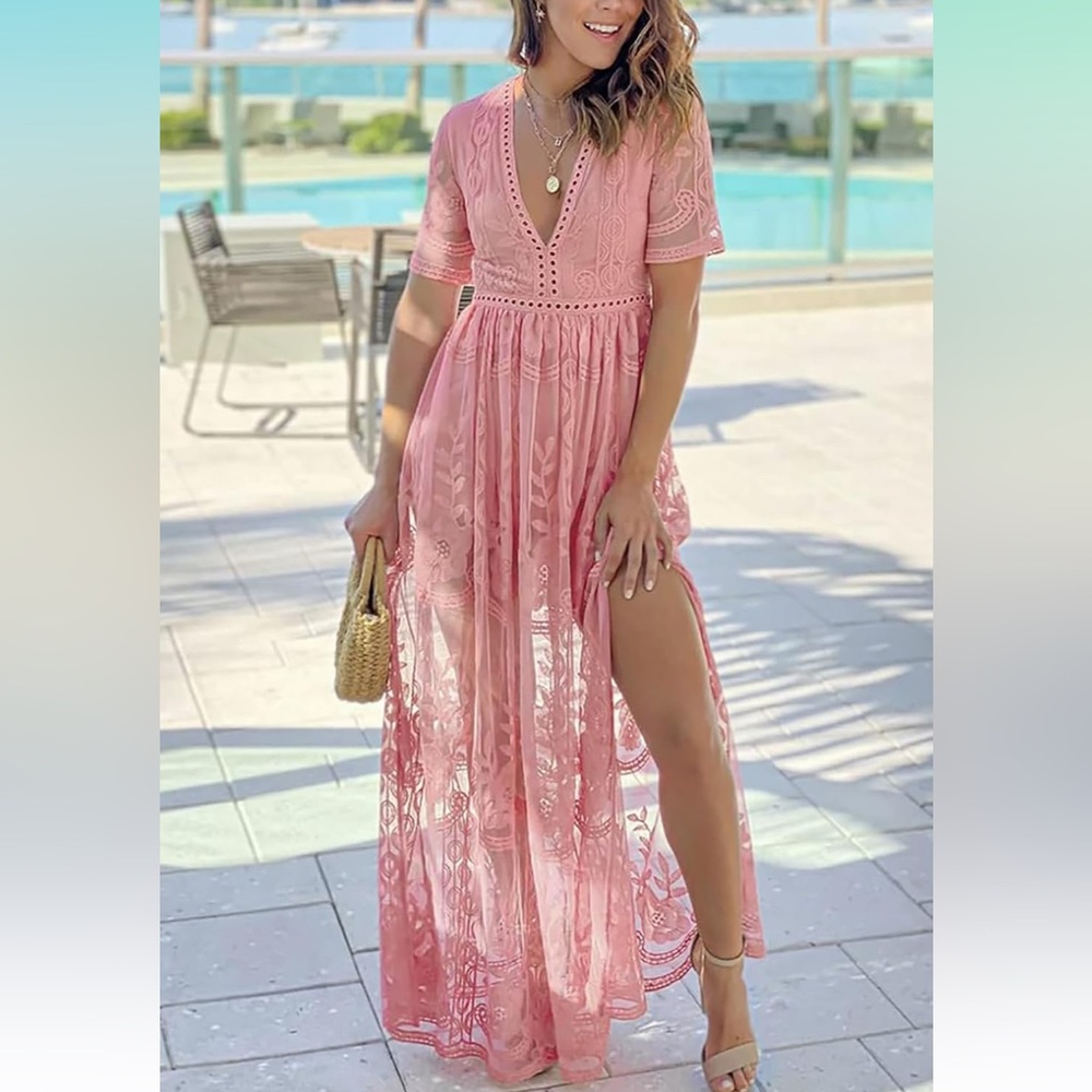 Elegant Pink Lace Maxi Dress